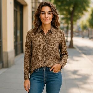 Chico's size 2 animal print long sleeve button down shirt. NWT